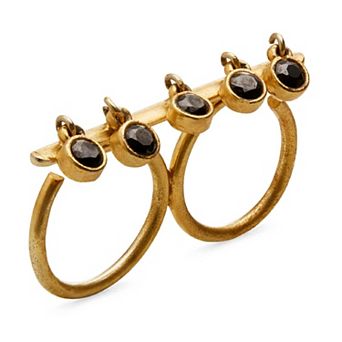 Adjustable Gold-plated Kandi Double Ring with Black Onyx by Dhwani Bansal