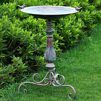 27.25 inch Green Pedestal Bird Bath with Cast Iron Birds Outdoor Garden Patio Decor 1 pc