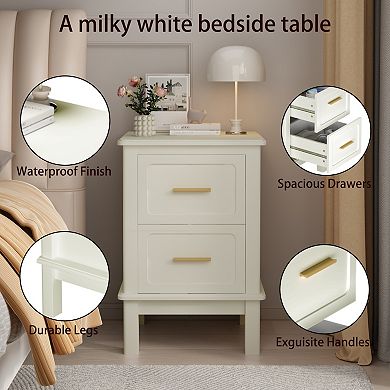 2-Drawer Nightstand with Gold Handles, Sturdy Bedside Table for Bedroom, Small Spaces