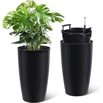 21.7" Self-Watering Planters Set of 2, Black Plastic Pots with Drainage, Water Gauge, Inner Bucket