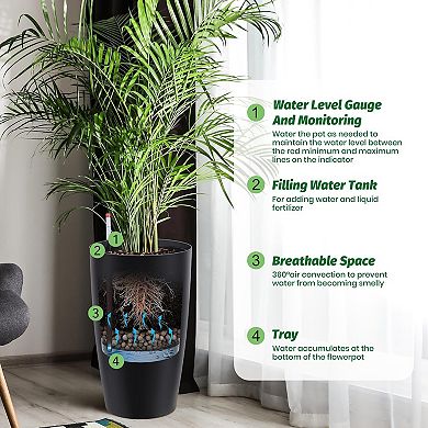 21.7" Self-Watering Planters Set of 2, Black Plastic Pots with Drainage, Water Gauge, Inner Bucket