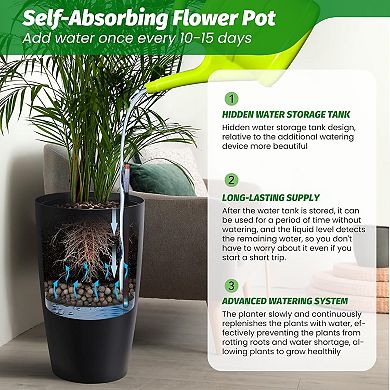 21.7" Self-Watering Planters Set of 2, Black Plastic Pots with Drainage, Water Gauge, Inner Bucket