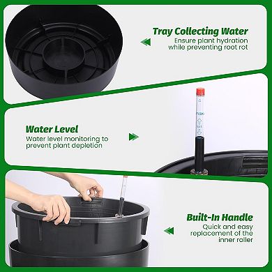 21.7" Self-Watering Planters Set of 2, Black Plastic Pots with Drainage, Water Gauge, Inner Bucket