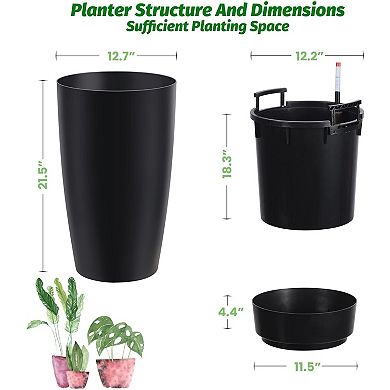 21.7" Self-Watering Planters Set of 2, Black Plastic Pots with Drainage, Water Gauge, Inner Bucket