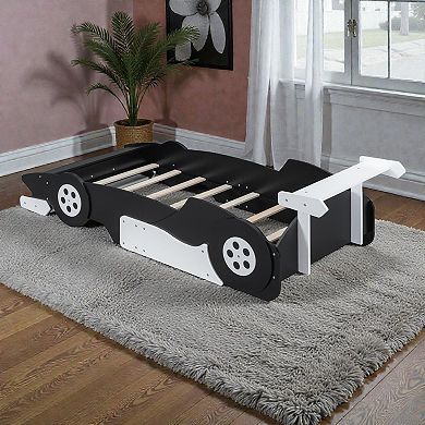 Heybly Race Car Platform Bed with Wheels, Twin Kids Bed Frame with Safety Side Rails, Slat Support