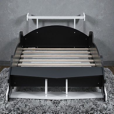 Heybly Race Car Platform Bed with Wheels, Twin Kids Bed Frame with Safety Side Rails, Slat Support