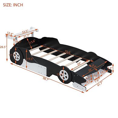Heybly Race Car Platform Bed with Wheels, Twin Kids Bed Frame with Safety Side Rails, Slat Support
