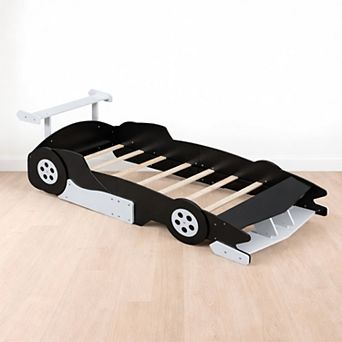 Heybly Race Car Platform Bed with Wheels, Twin Kids Bed Frame with Safety Side Rails, Slat Support