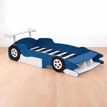 Heybly Race Car Platform Bed with Wheels, Twin Kids Bed Frame with Safety Side Rails, Slat Support