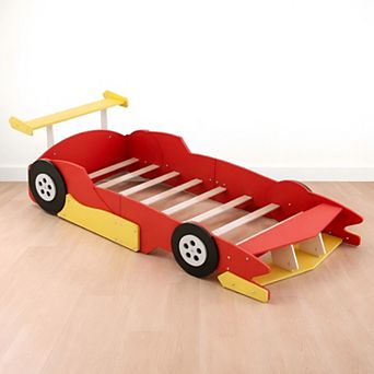 Heybly Race Car Platform Bed with Wheels, Twin Kids Bed Frame with Safety Side Rails, Slat Support