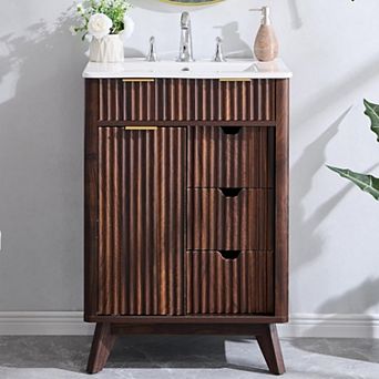 24" Modern Fluted Bathroom Vanity with Sink, Wood Storage Cabinet with 3 Drawers & Sliding Door