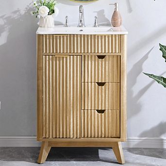 24" Modern Fluted Bathroom Vanity with Sink, Wood Storage Cabinet with 3 Drawers & Sliding Door