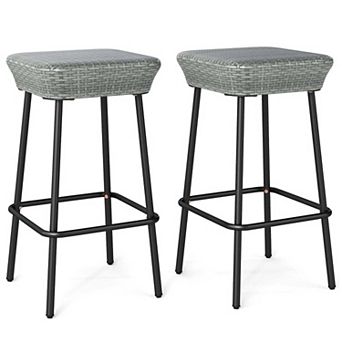 Set of 2 Backless Rattan Bar Stools with Footrest