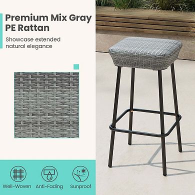 Set of 2 Backless Rattan Bar Stools with Footrest