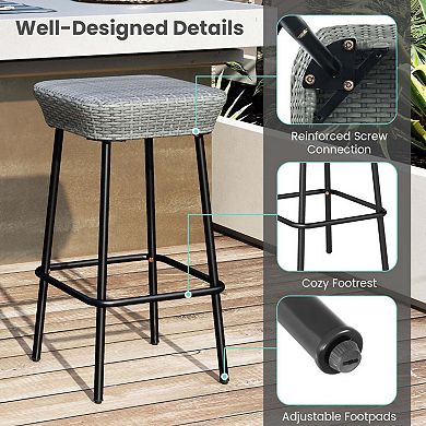 Set of 2 Backless Rattan Bar Stools with Footrest