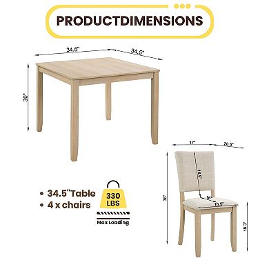 GOMYHOME 5-Piece Square Dining Table Set with 4 Upholstered Chairs, Light Oak & Beige