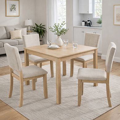 GOMYHOME 5-Piece Square Dining Table Set with 4 Upholstered Chairs, Light Oak & Beige