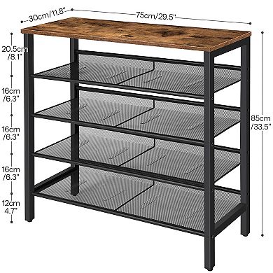 5 Tier Shoe Rack Adjustable Mesh Shelves Holds 16 Pairs Rustic Brown Metal Entryway Organizer