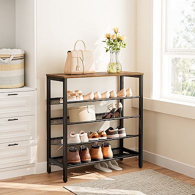 5 Tier Shoe Rack Adjustable Mesh Shelves Holds 16 Pairs Rustic Brown Metal Entryway Organizer