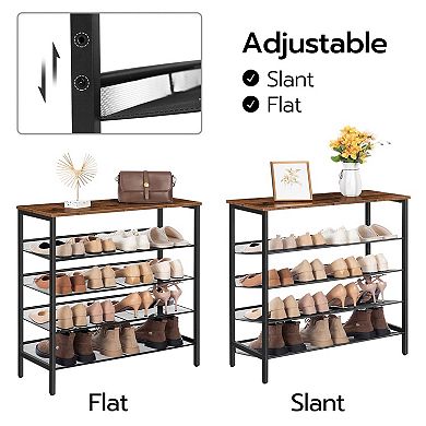 5 Tier Shoe Rack Adjustable Mesh Shelves Holds 16 Pairs Rustic Brown Metal Entryway Organizer