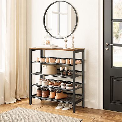 5 Tier Shoe Rack Adjustable Mesh Shelves Holds 16 Pairs Rustic Brown Metal Entryway Organizer