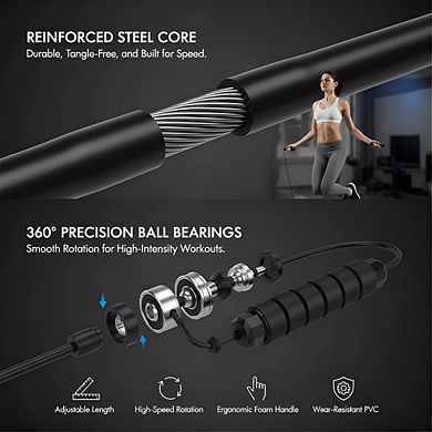 Adjustable Rapid Speed Jump Rope, Ball Bearings Steel Cable with Foam Grips