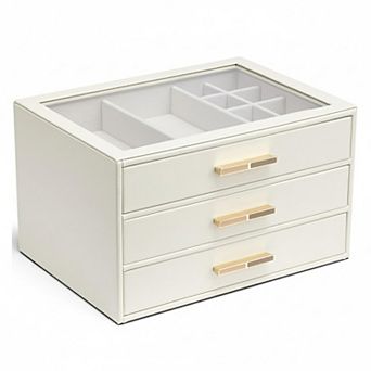 3 Layer Jewelry Box Cloud White Glass Lid Organizer 3 Drawers for Necklaces Rings 9.8 x 7.1 x 6 in