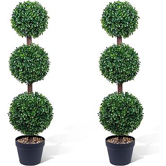3FT boxwood topiaries (2-pack), black planters, for indoor/outdoor entryway or office.