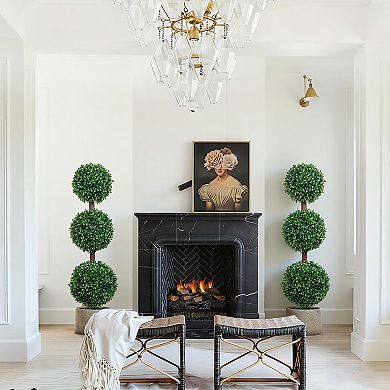 3FT boxwood topiaries (2-pack), black planters, for indoor/outdoor entryway or office.