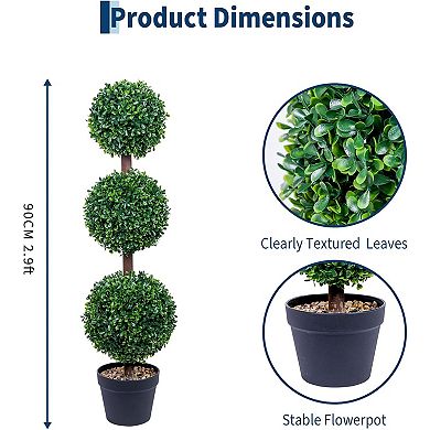 3FT boxwood topiaries (2-pack), black planters, for indoor/outdoor entryway or office.