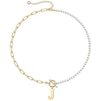 KSIZUIS Dainty Pearl Initial Choker with Paperclip Chain & Toggle Clasp for Women