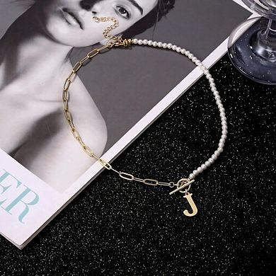 KSIZUIS Dainty Pearl Initial Choker with Paperclip Chain & Toggle Clasp for Women