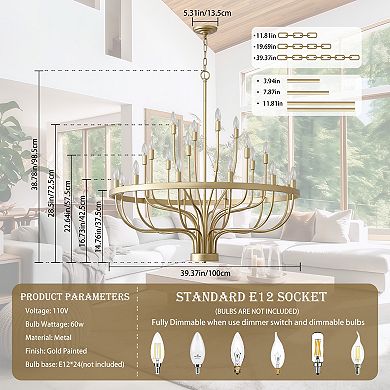 Modern Farmhouse 39" Gold Metal 24-Light Tiered Wagon Wheel Chandelier
