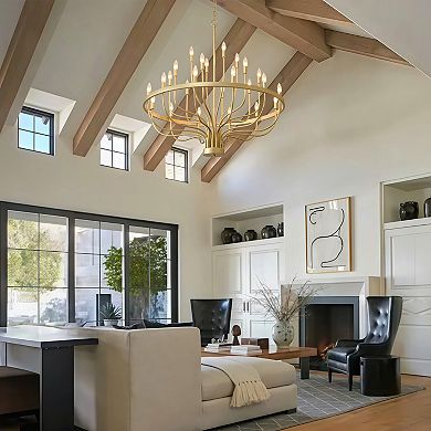 Modern Farmhouse 39" Gold Metal 24-Light Tiered Wagon Wheel Chandelier