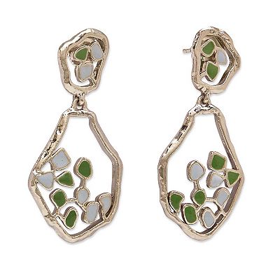 White Rhodium and Pastel Blue-Green Enamel Terra Drop Earrings by Dhwani Bansal