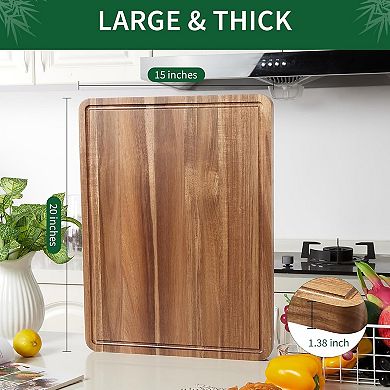 Acacia Wood Cutting Board 20x15 in, Large Reversible Butcher Block with Deep Juice Groove & Handle
