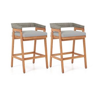 Set of 2 Acacia Wood Bar Stools with Rattan Back and Cushion