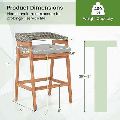 Set of 2 Acacia Wood Bar Stools with Rattan Back and Cushion