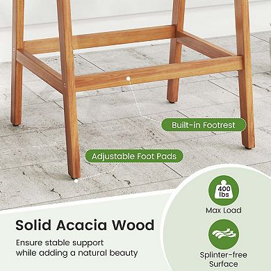 Set of 2 Acacia Wood Bar Stools with Rattan Back and Cushion