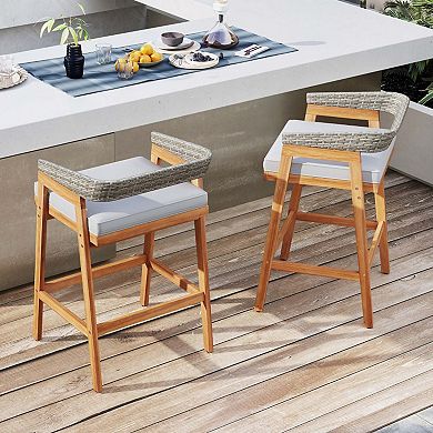 Set of 2 Acacia Wood Bar Stools with Rattan Back and Cushion