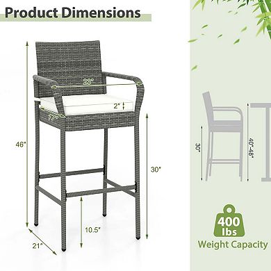 Set of 2 Rattan Bar Stools with Cushions and Footrest