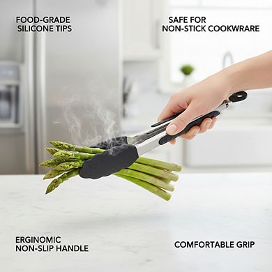 9-Inch Silicone Head Tongs, Stainless Steel Heat-Resistant Easy-Grip