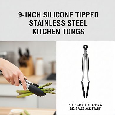 9-Inch Silicone Head Tongs, Stainless Steel Heat-Resistant Easy-Grip