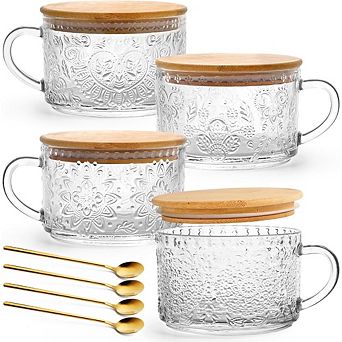 Zoulao 4-Pack Vintage Glass Mugs with Lids & Spoons, 14 oz, Coffee Tea Cups.