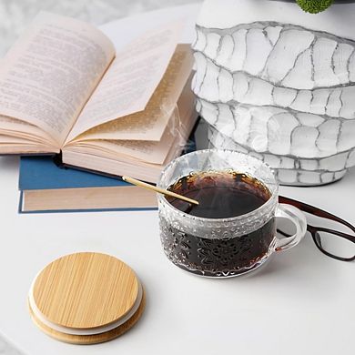 Zoulao 4-Pack Vintage Glass Mugs with Lids & Spoons, 14 oz, Coffee Tea Cups.