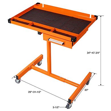 Adjustable Tear Down Work Table with Drawer Mobile Garage Workbench on Wheels Repair Table Orange