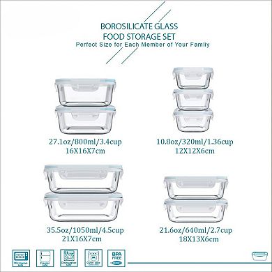 18 Piece Glass Food Storage Containers with Lids, Glass Meal Prep Containers,(9 lids & 9 Containers)
