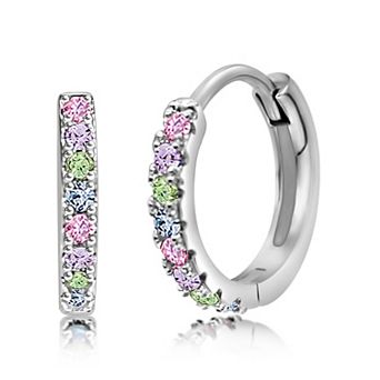 Girls CZ Hoop Earrings Hypoallergenic Kids Earrings, Rhodium Plated