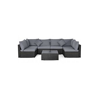 7 pc Outdoor Sectional Patio Furniture Set with Wicker Sofa and Glass Coffee Table