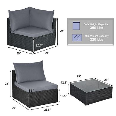 7 Piece Outdoor Sectional Patio Furniture Set with Wicker Sofa and Glass Coffee Table